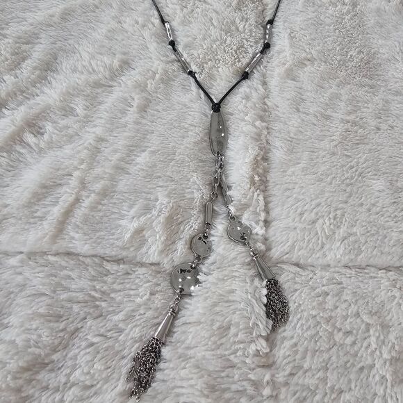 NEW Chico’s Long Black Leather Silver Tassel Necklace 13" Long plus Tassel - Picture 4 of 8